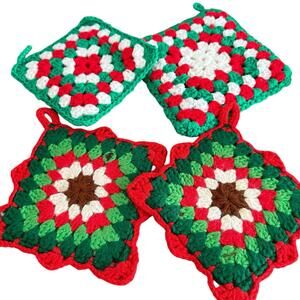4 Crocheted Square  Potholders Red White Green